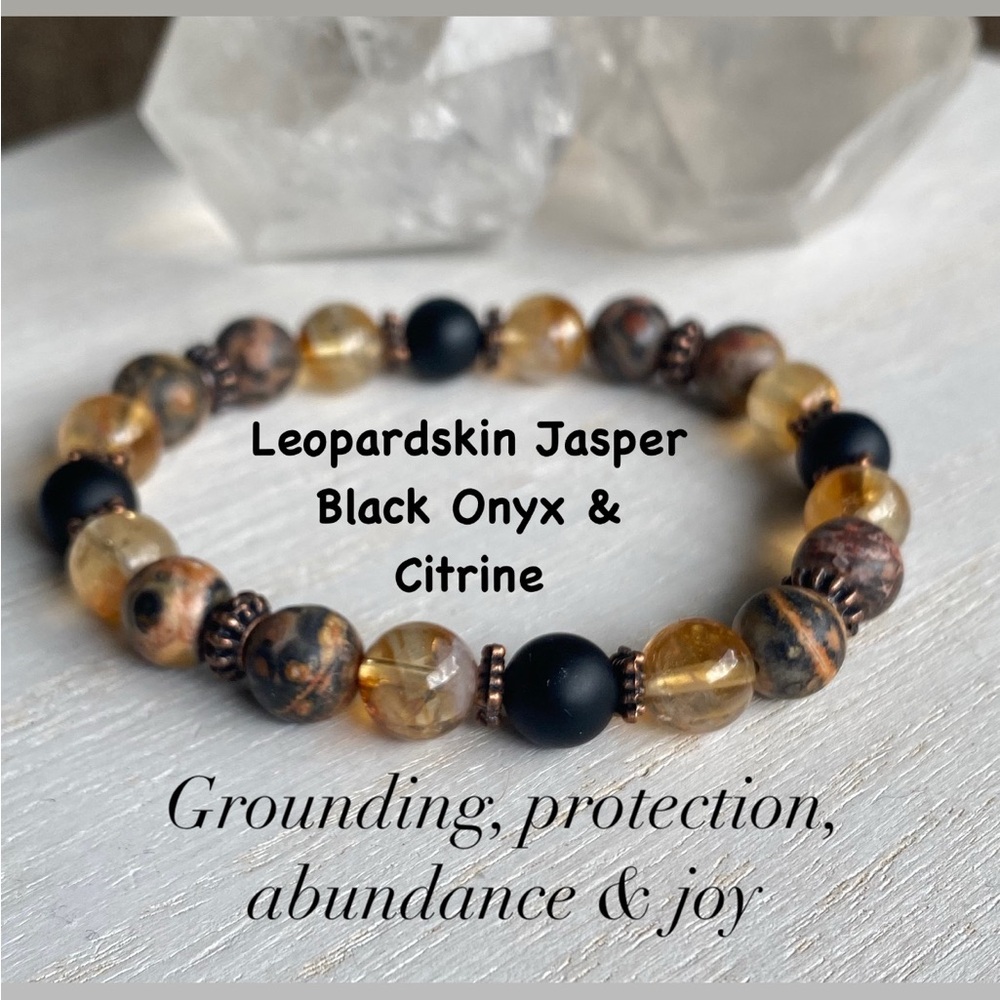 Leopard Skin Jasper,  Black Onyx & Citrine Gemstone Bracelet -Unisex